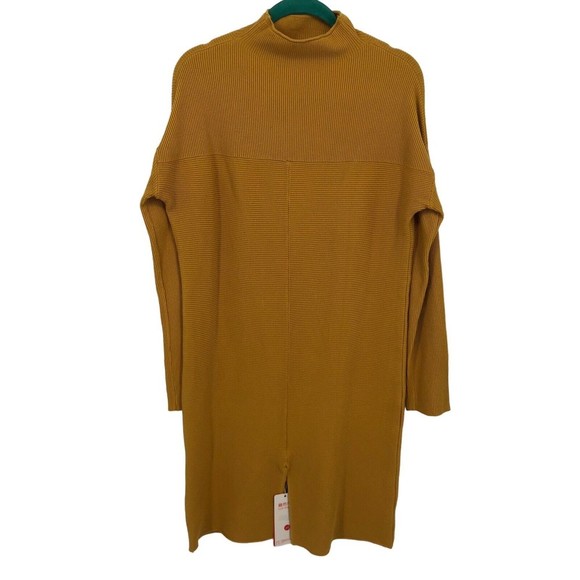 Luyifan Dresses & Skirts - Mock Neck Ribbed Stretch Long Sleeve Sweater Gold Mustard Yellow Midi Dress